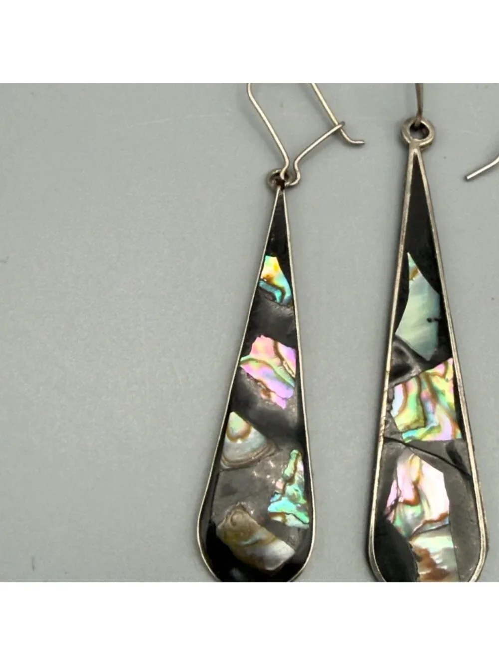 Alpaca Mexican Abalone Teardrop Inlay Dangle Earrings Sterling Silver Multicolor